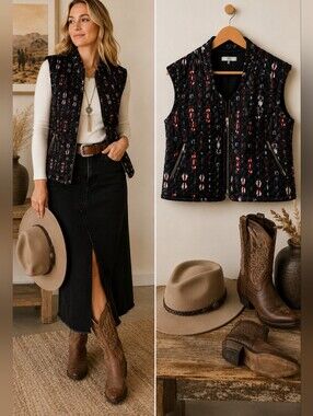 Fate Quilted Lightweight Vest L Black Boho Print Western Style Zip Front Pockets